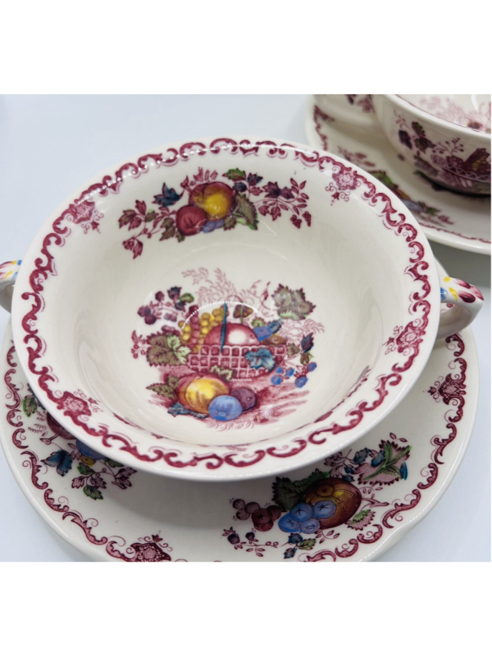 Set of (2) Masons Fruit Basket Soup Bowls Double Handle Mugs Saucers Tea Cups - Picture 7 of 8